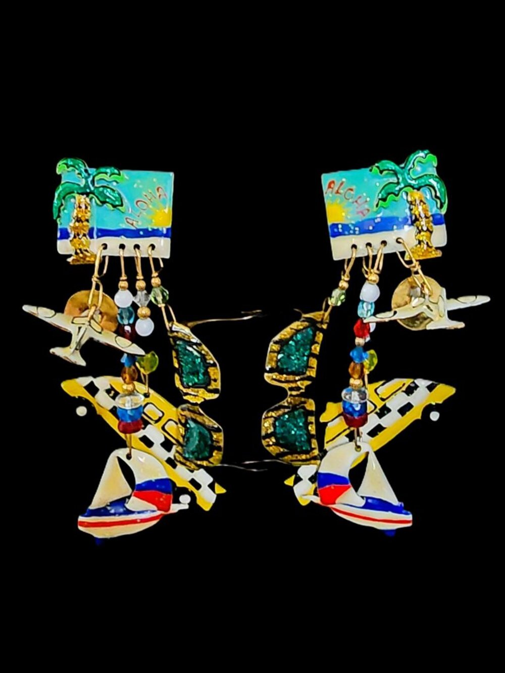 Vtg Lunch at the Ritz Aloha Vacation Dangle Clip On Earrings World Traveler RARE